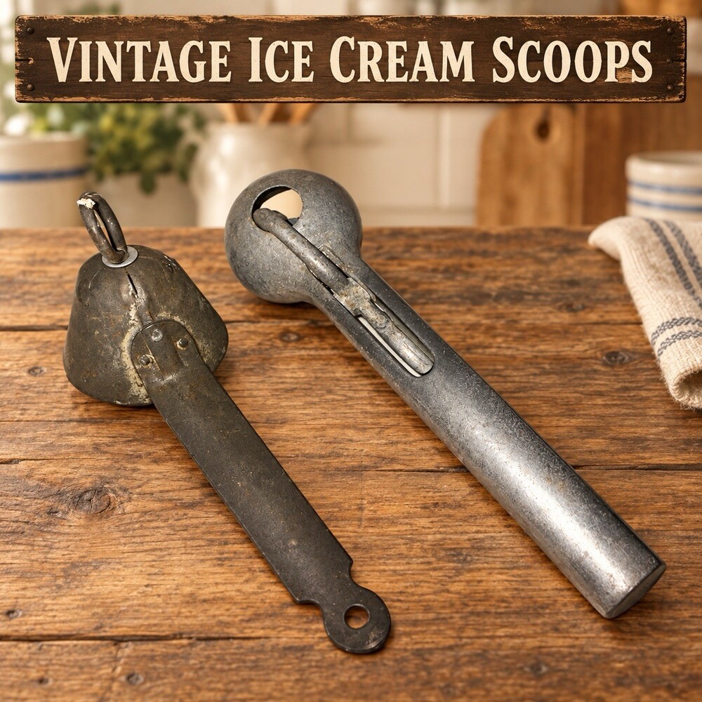 2 Vintage Metal Ice Cream Scoops Dishers #16 Squeeze Lever Primitive